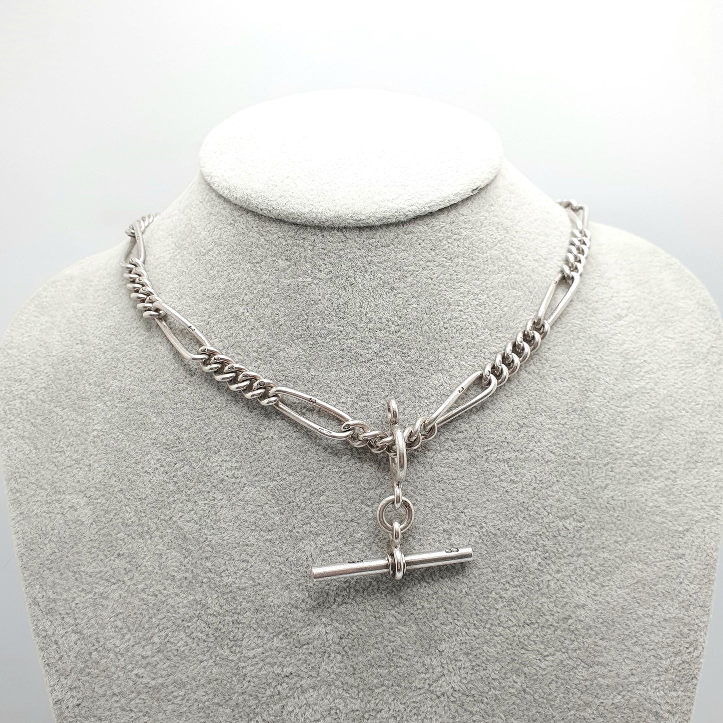 Antique Victorian Sterling Silver Albert Chain T Bar Necklace Figaro Link Curb Dog Clip 42cm 16.5" 50.51g Hallmark Vintage Jewelry