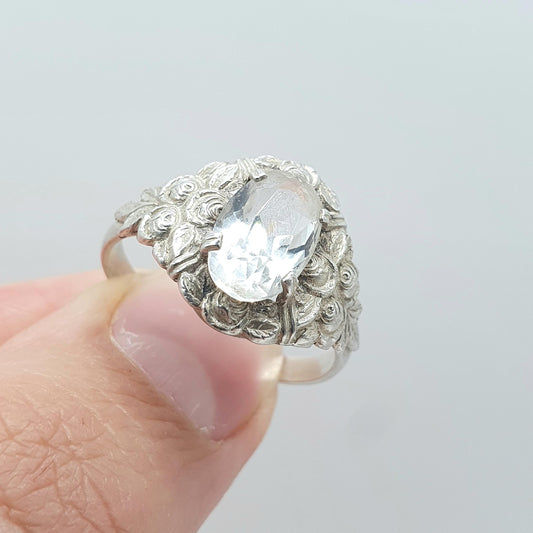 Antique Arts and Crafts Solid Silver Rock Crystal Quartz Ring Rose Border Gemstone Genuine Cocktail Jewellery Jewelry Vintage UK S US 9