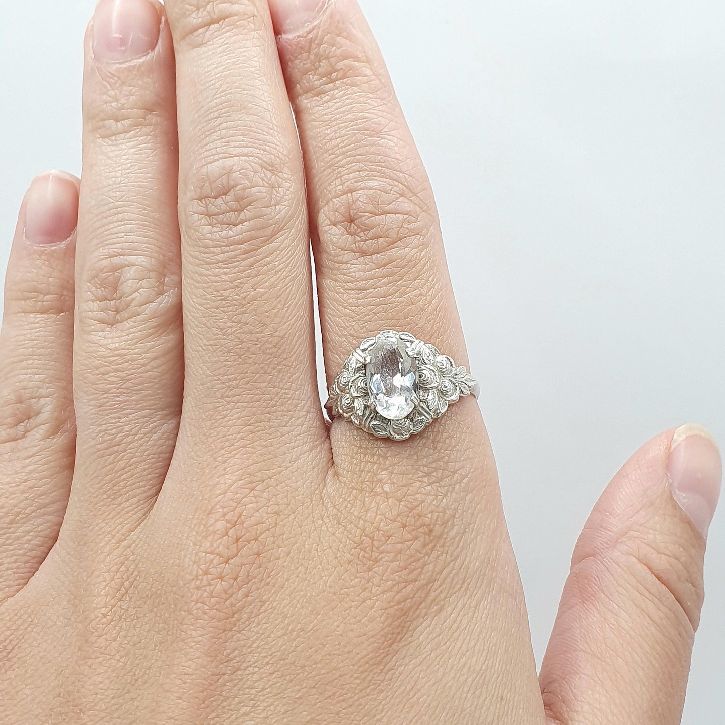 Antique Arts and Crafts Solid Silver Rock Crystal Quartz Ring Rose Border Gemstone Genuine Cocktail Jewellery Jewelry Vintage UK S US 9