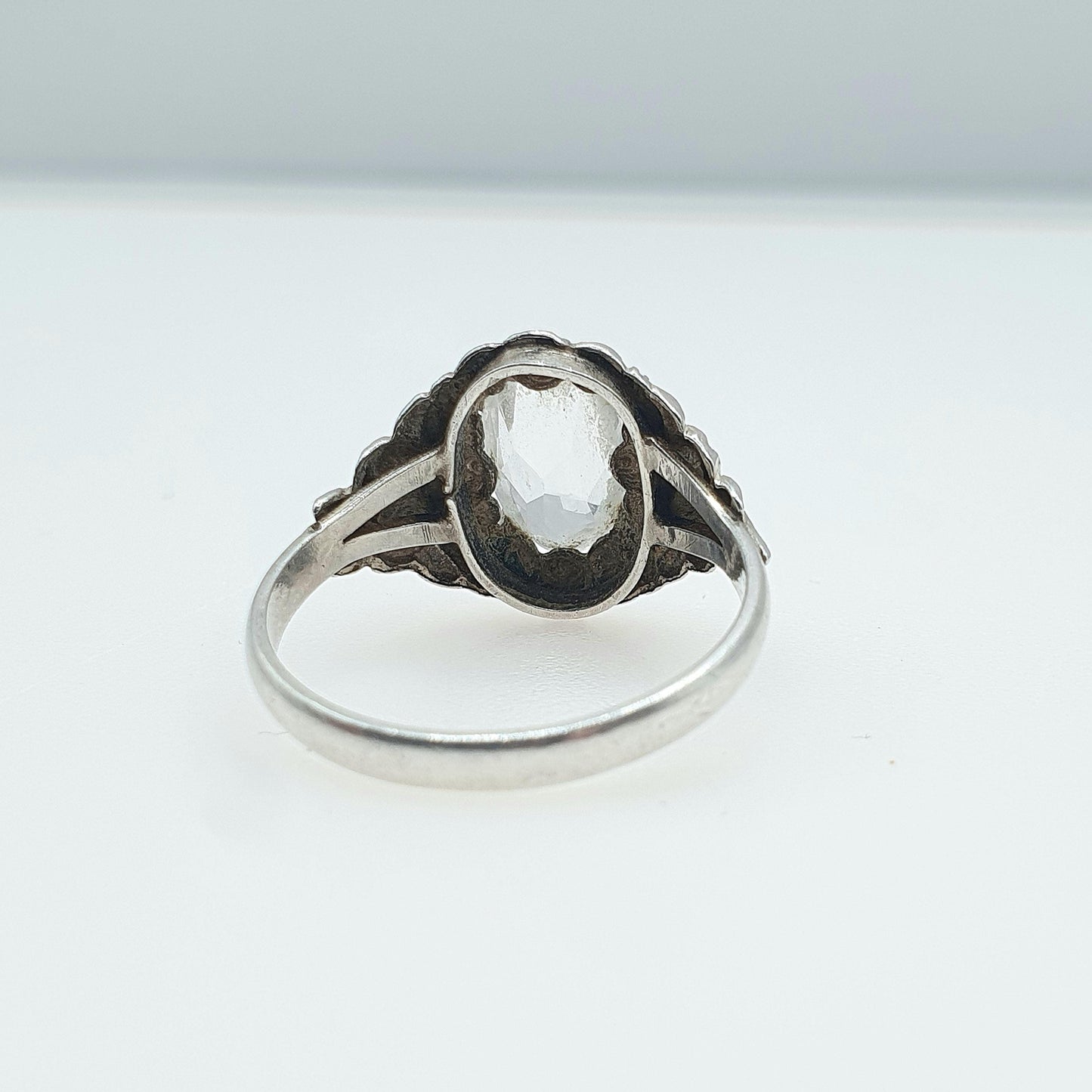 Antique Arts and Crafts Solid Silver Rock Crystal Quartz Ring Rose Border Gemstone Genuine Cocktail Jewellery Jewelry Vintage UK S US 9