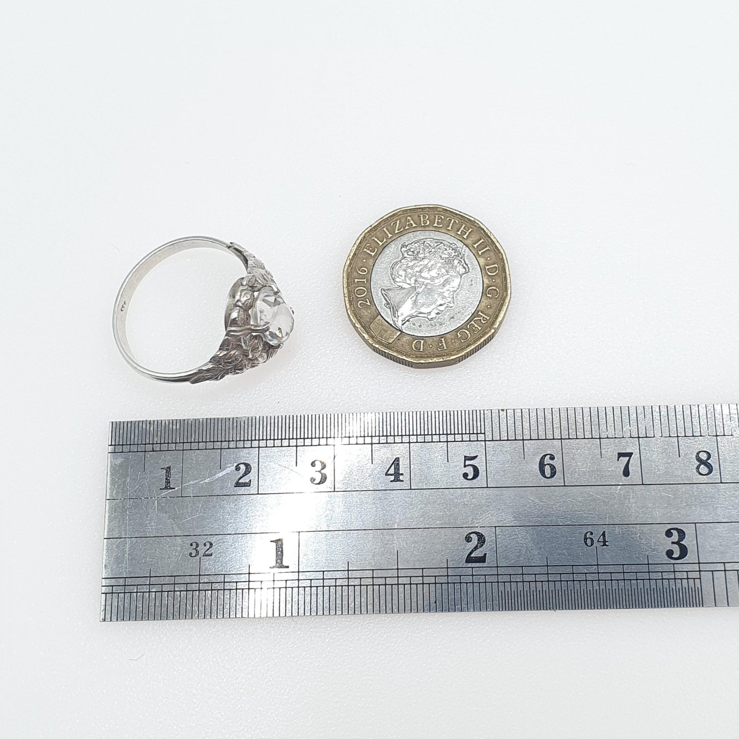 Antique Arts and Crafts Solid Silver Rock Crystal Quartz Ring Rose Border Gemstone Genuine Cocktail Jewellery Jewelry Vintage UK S US 9