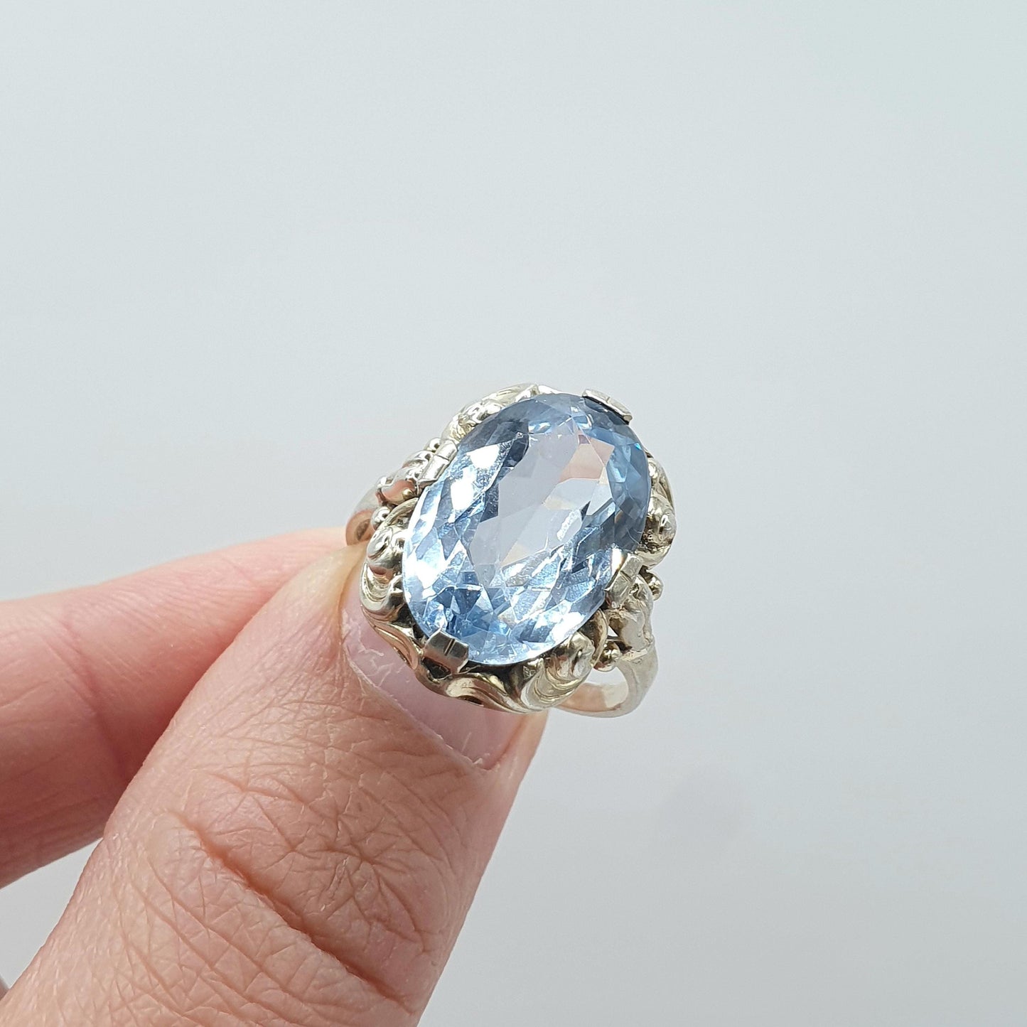 Antique Art Deco Solid Silver Swiss Topaz Ring Sky Blue Large Oval Cut Womens Mens Vintage Jewelry Jewellery UK R US 8.5