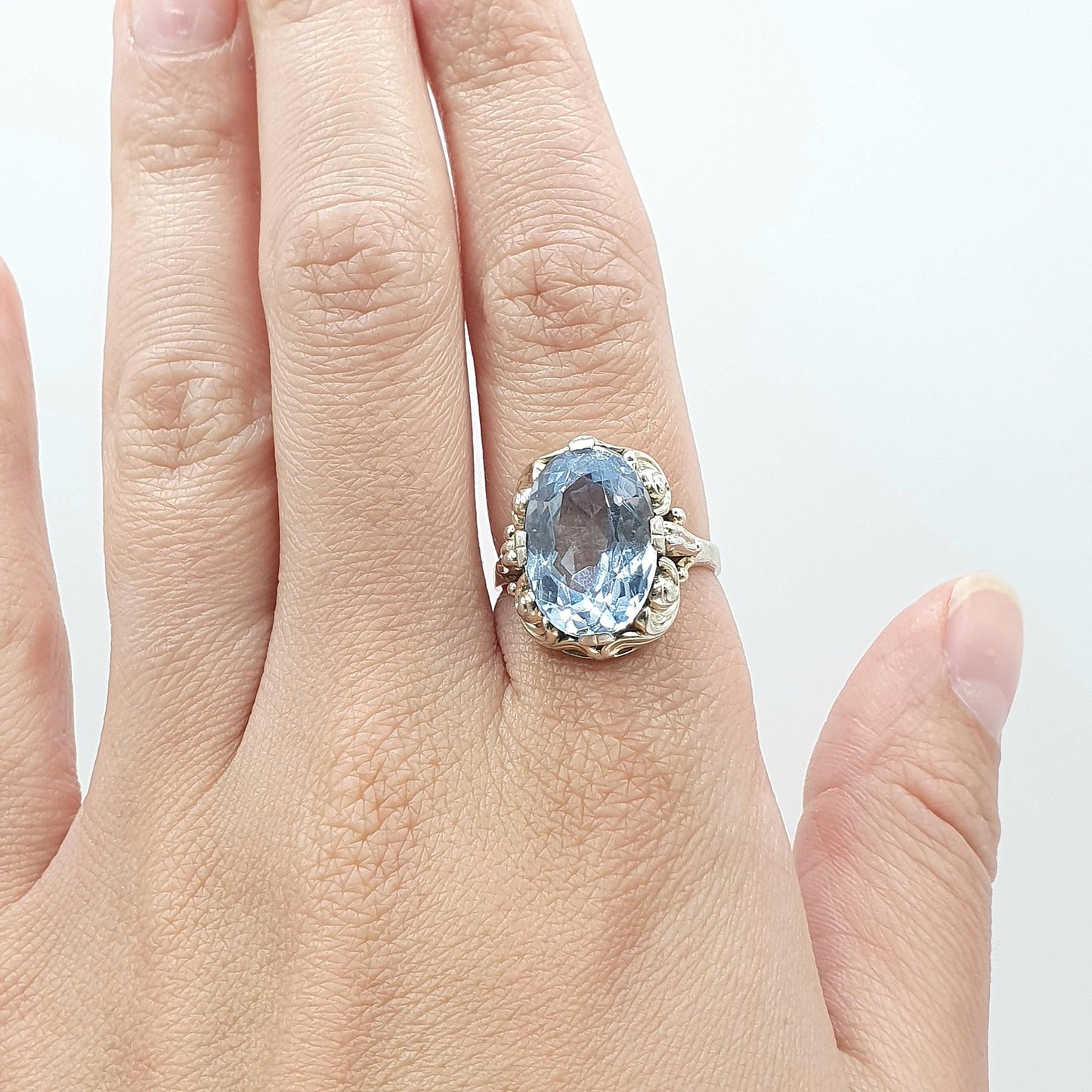 Antique Art Deco Solid Silver Swiss Topaz Ring Sky Blue Large Oval Cut Womens Mens Vintage Jewelry Jewellery UK R US 8.5