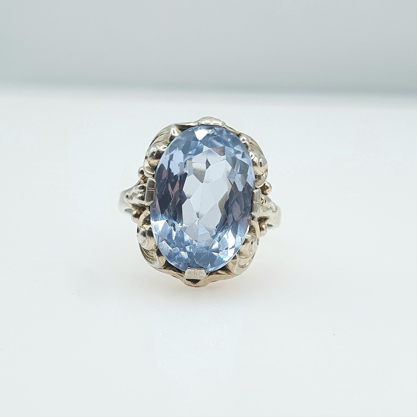 Antique Art Deco Solid Silver Swiss Topaz Ring Sky Blue Large Oval Cut Womens Mens Vintage Jewelry Jewellery UK R US 8.5