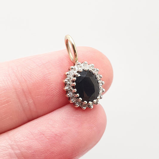 Vintage 9k 9ct Gold Sapphire & Diamond Necklace Cluster Pendant Halo Solid 375 Yellow Womens Jewelry Jewellery