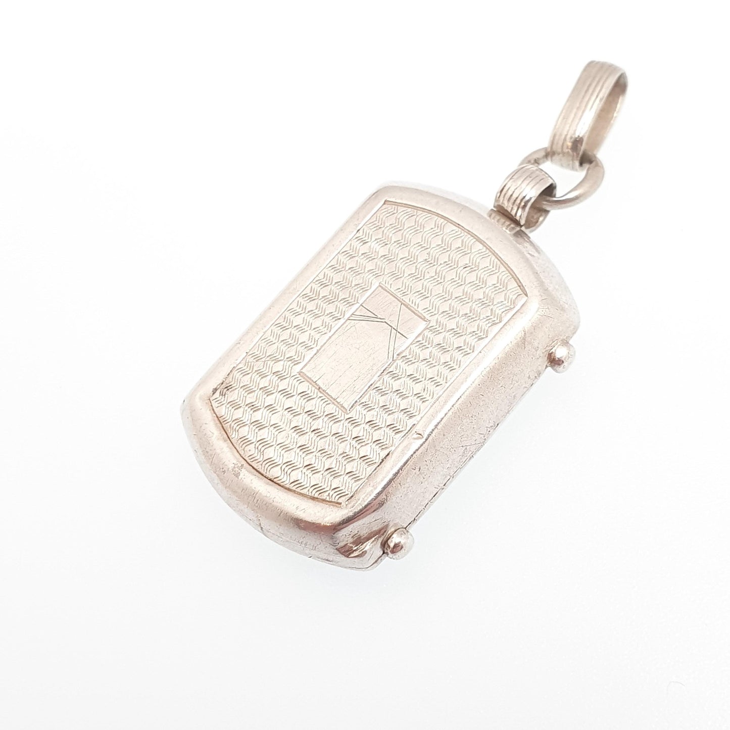 Antique Solid Silver Locket Rectangular Art Deco Engine Turned Geometric Rounded Picture Pendant Photo Vintage Jewelry Jewellery
