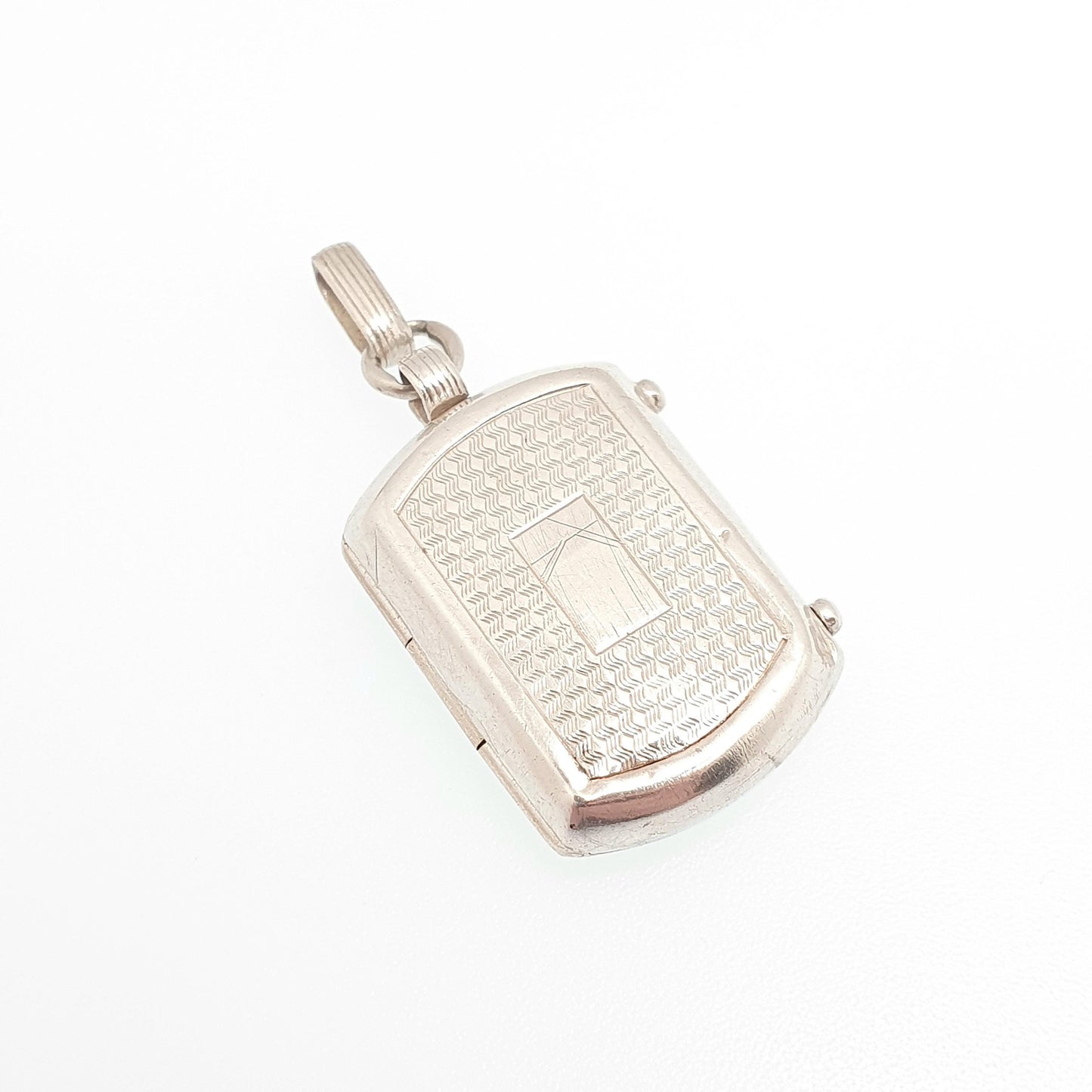 Antique Solid Silver Locket Rectangular Art Deco Engine Turned Geometric Rounded Picture Pendant Photo Vintage Jewelry Jewellery