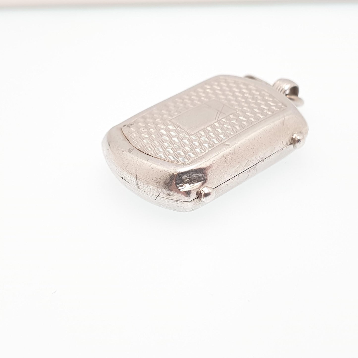Antique Solid Silver Locket Rectangular Art Deco Engine Turned Geometric Rounded Picture Pendant Photo Vintage Jewelry Jewellery