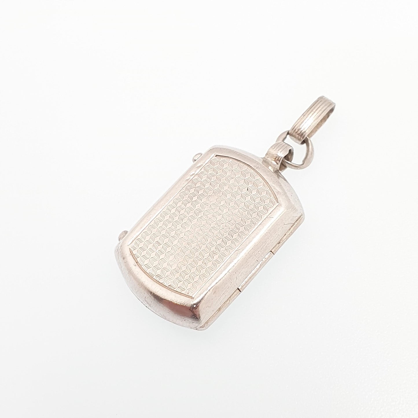 Antique Solid Silver Locket Rectangular Art Deco Engine Turned Geometric Rounded Picture Pendant Photo Vintage Jewelry Jewellery