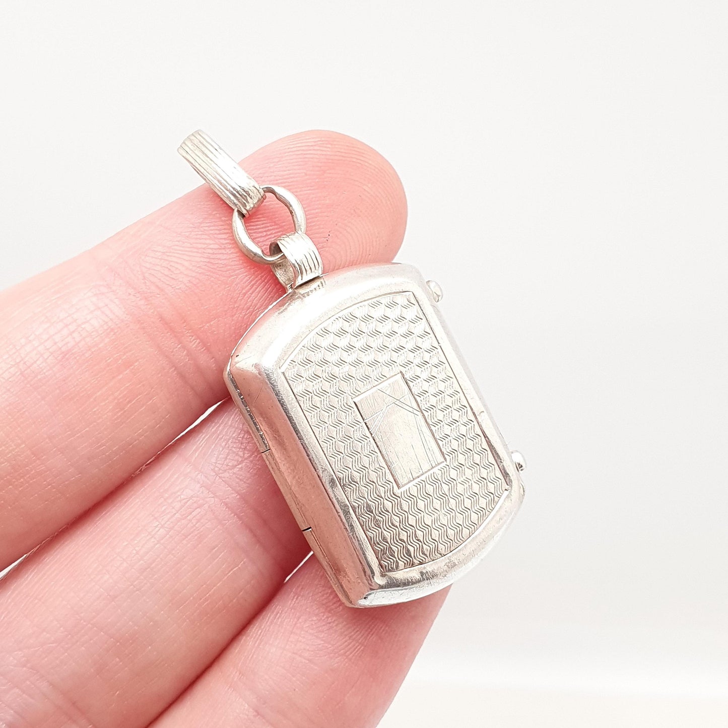 Antique Solid Silver Locket Rectangular Art Deco Engine Turned Geometric Rounded Picture Pendant Photo Vintage Jewelry Jewellery