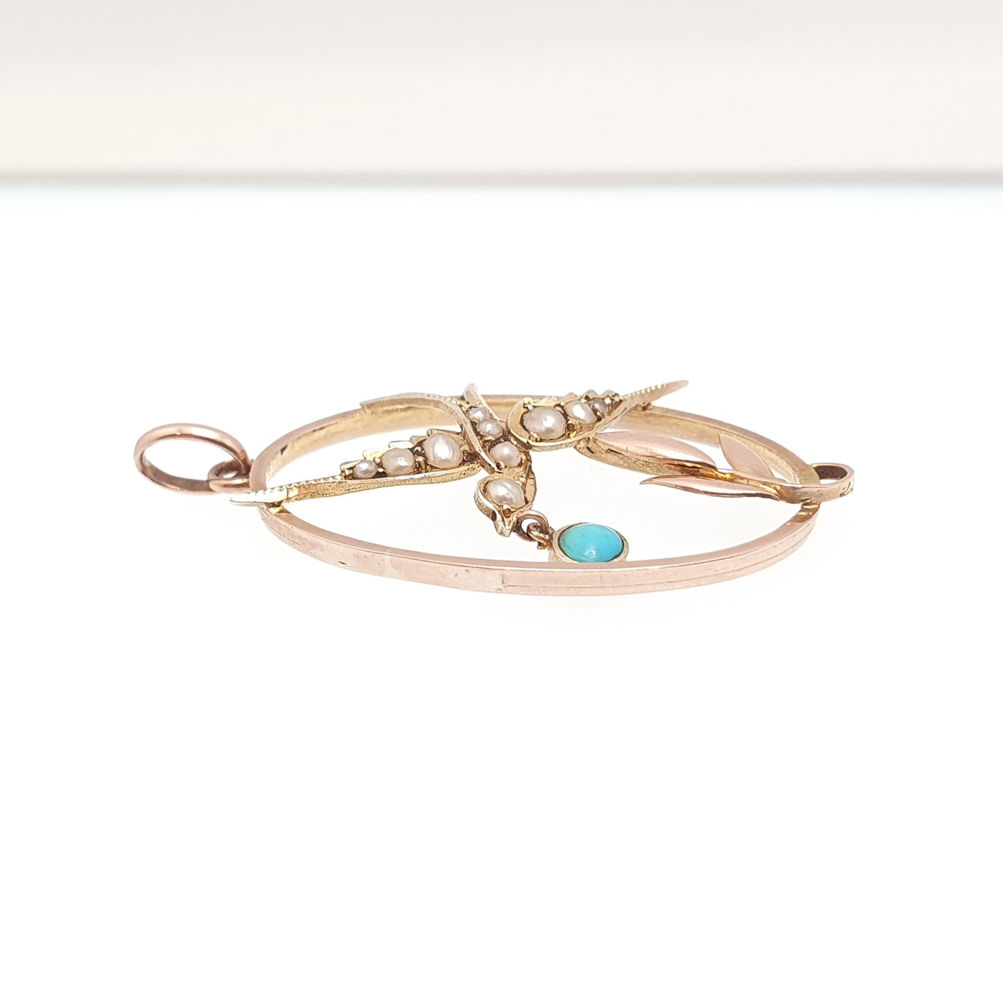 Antique 9ct Gold Bird Pendant Turquoise Seed Pearl Necklace Solid 9k Edwardian Swallow Vintage Jewellery Jewelry