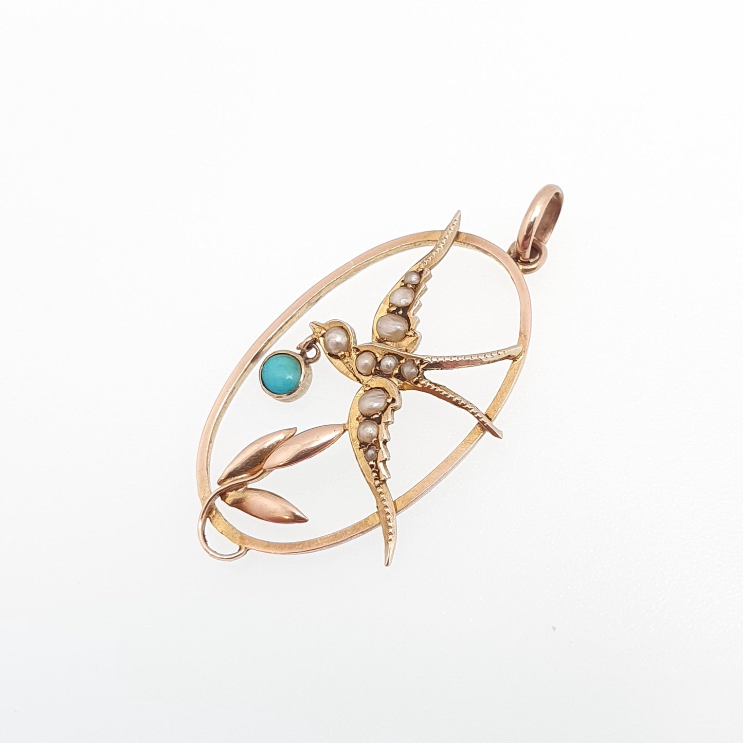 Antique 9ct Gold Bird Pendant Turquoise Seed Pearl Necklace Solid 9k Edwardian Swallow Vintage Jewellery Jewelry