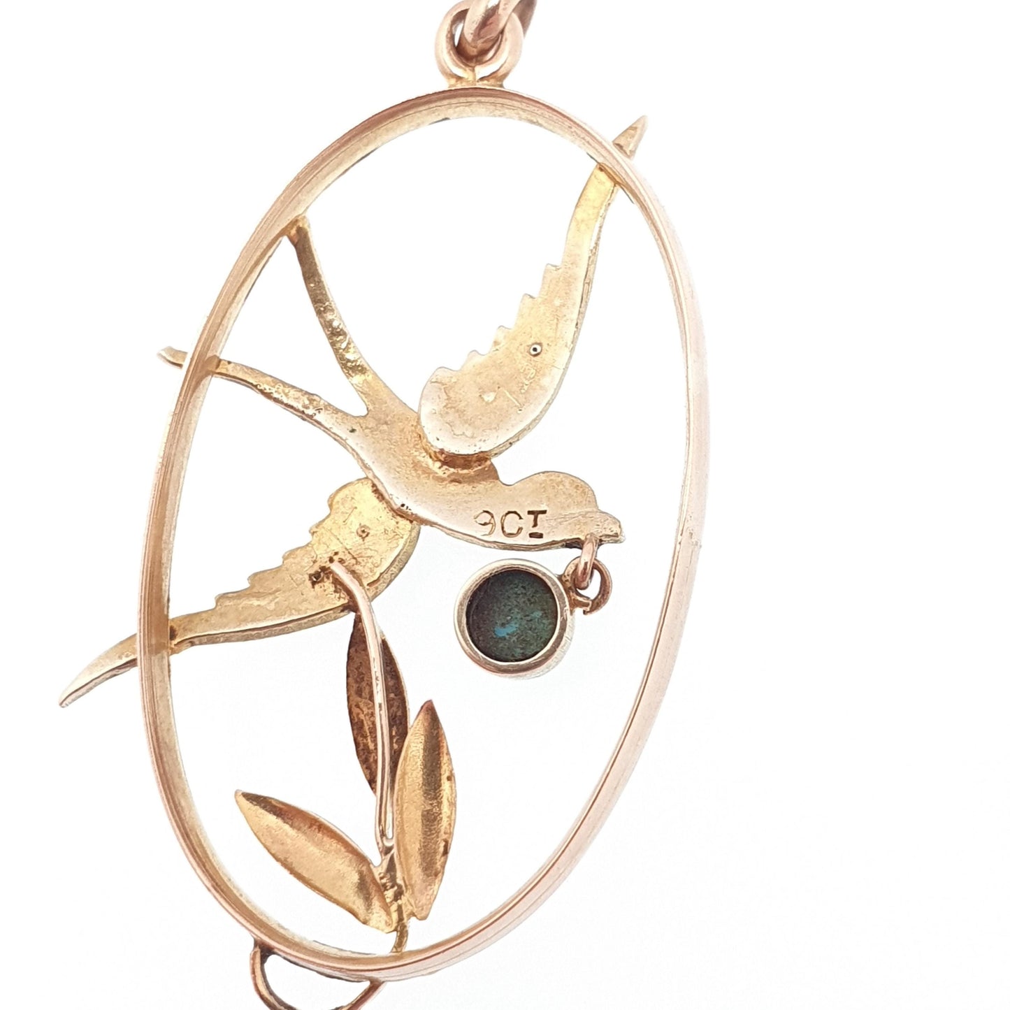 Antique 9ct Gold Bird Pendant Turquoise Seed Pearl Necklace Solid 9k Edwardian Swallow Vintage Jewellery Jewelry