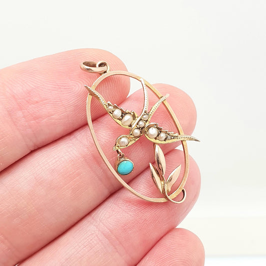 Antique 9ct Gold Bird Pendant Turquoise Seed Pearl Necklace Solid 9k Edwardian Swallow Vintage Jewellery Jewelry