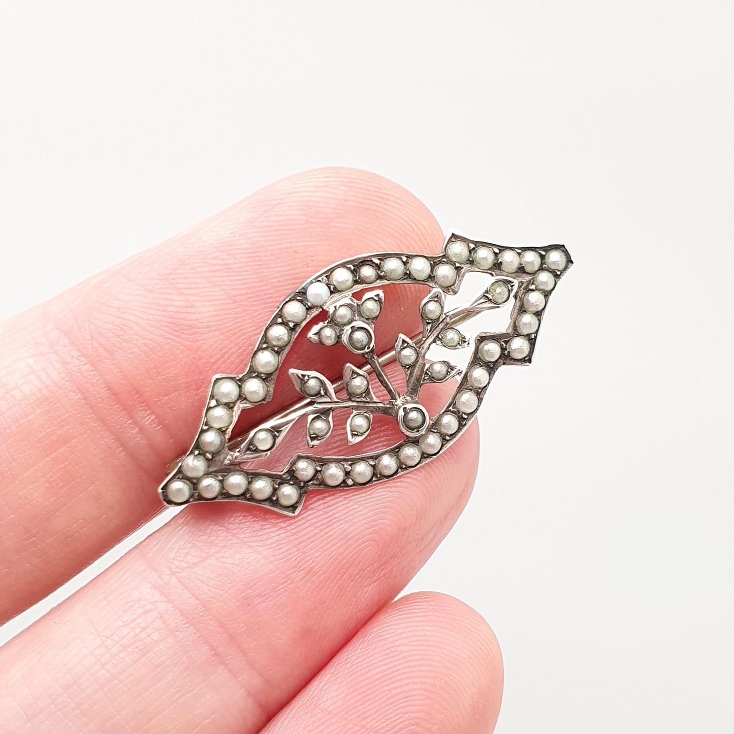 Antique Solid Silver Seed Pearl Brooch Victorian Art Nouveau Floral Flower 1800s Vintage Womens Jewelry Jewellery
