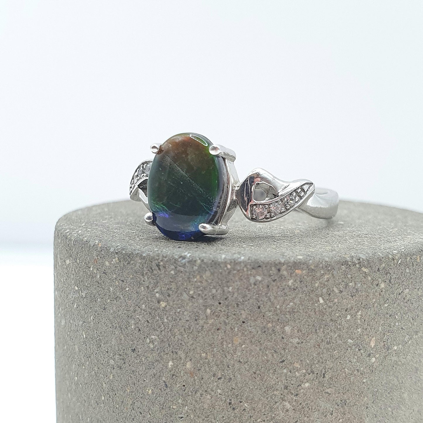 Vintage Sterling Silver Ammolite Ring Doublet Ammonite Fossil White Spinel Shoulder Womens Vintage Ladies Jewelry Jewellery UK N US 6.75