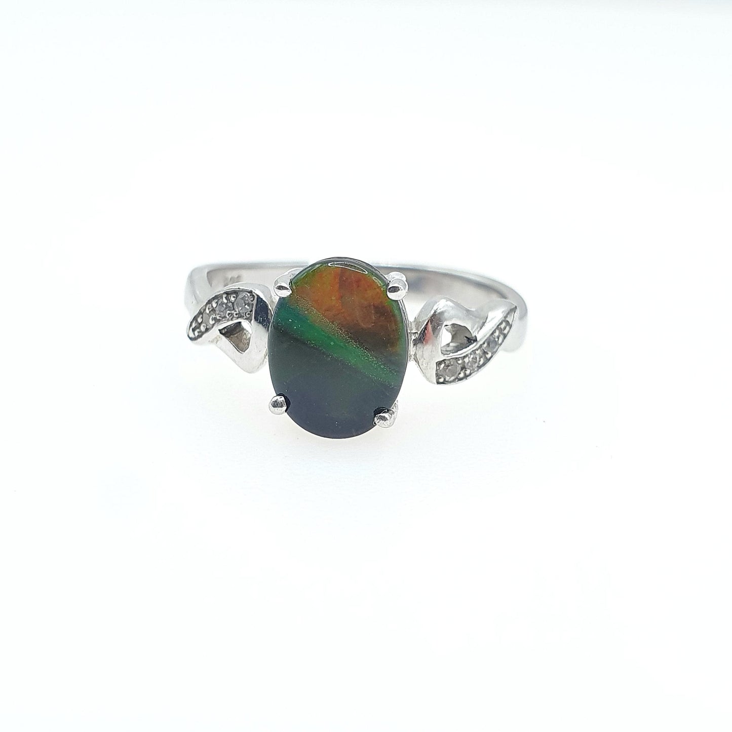 Vintage Sterling Silver Ammolite Ring Doublet Ammonite Fossil White Spinel Shoulder Womens Vintage Ladies Jewelry Jewellery UK N US 6.75