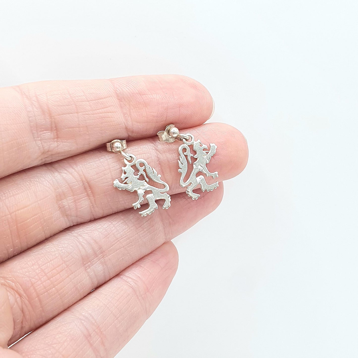 Vintage OLA M GORIE Sterling Silver Rampant Lion Earrings OMG Scottish Hanging Stud Womens Jewelry Jewellery