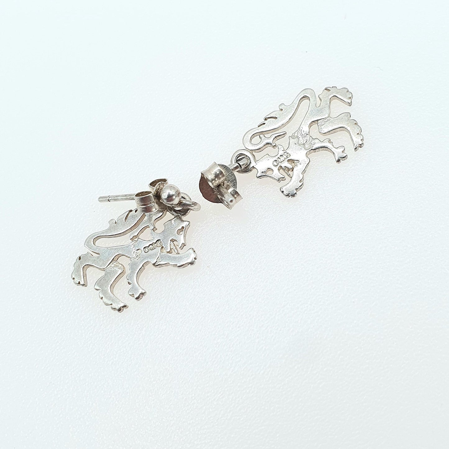 Vintage OLA M GORIE Sterling Silver Rampant Lion Earrings OMG Scottish Hanging Stud Womens Jewelry Jewellery