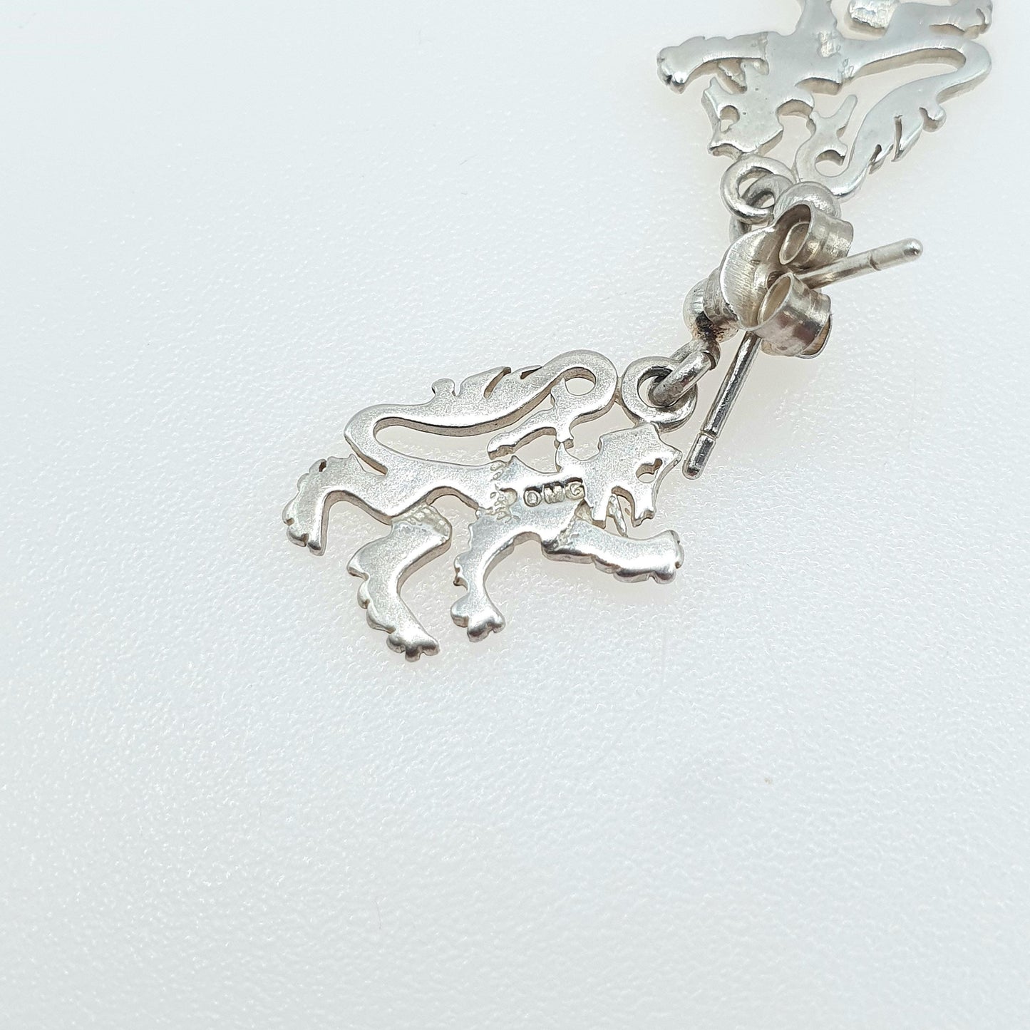 Vintage OLA M GORIE Sterling Silver Rampant Lion Earrings OMG Scottish Hanging Stud Womens Jewelry Jewellery