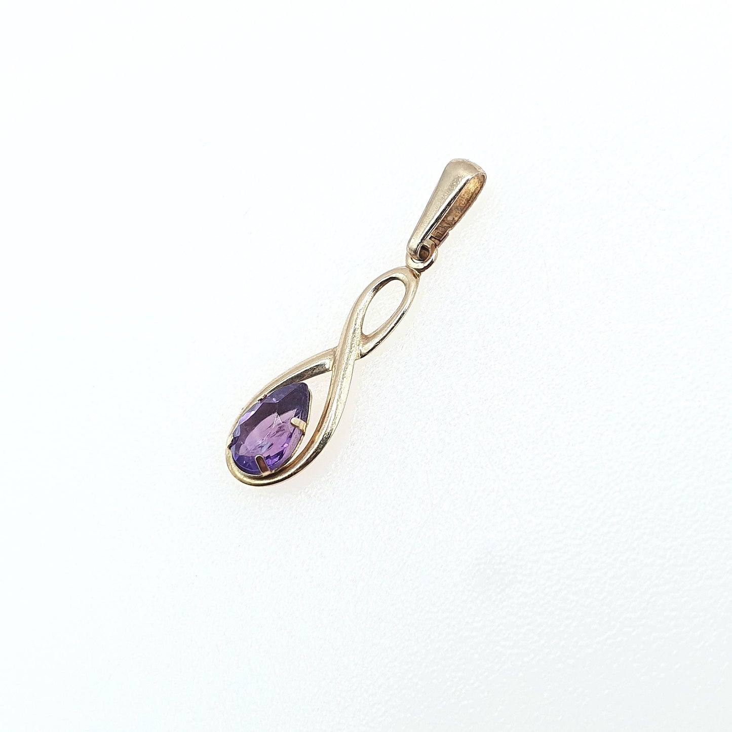 Vintage 9ct Gold Amethyst Pendant Figure 8 Shape Pear Cut Small Tiny Cute Purple Carat Womens Ladies Jewellery Jewelry