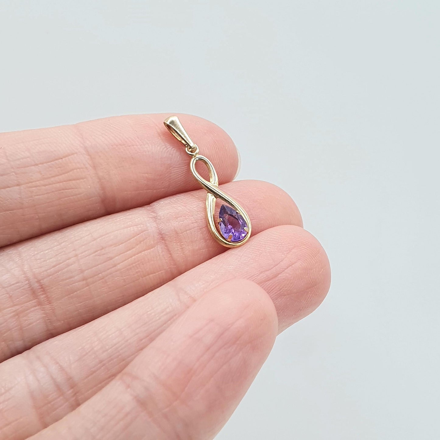 Vintage 9ct Gold Amethyst Pendant Figure 8 Shape Pear Cut Small Tiny Cute Purple Carat Womens Ladies Jewellery Jewelry