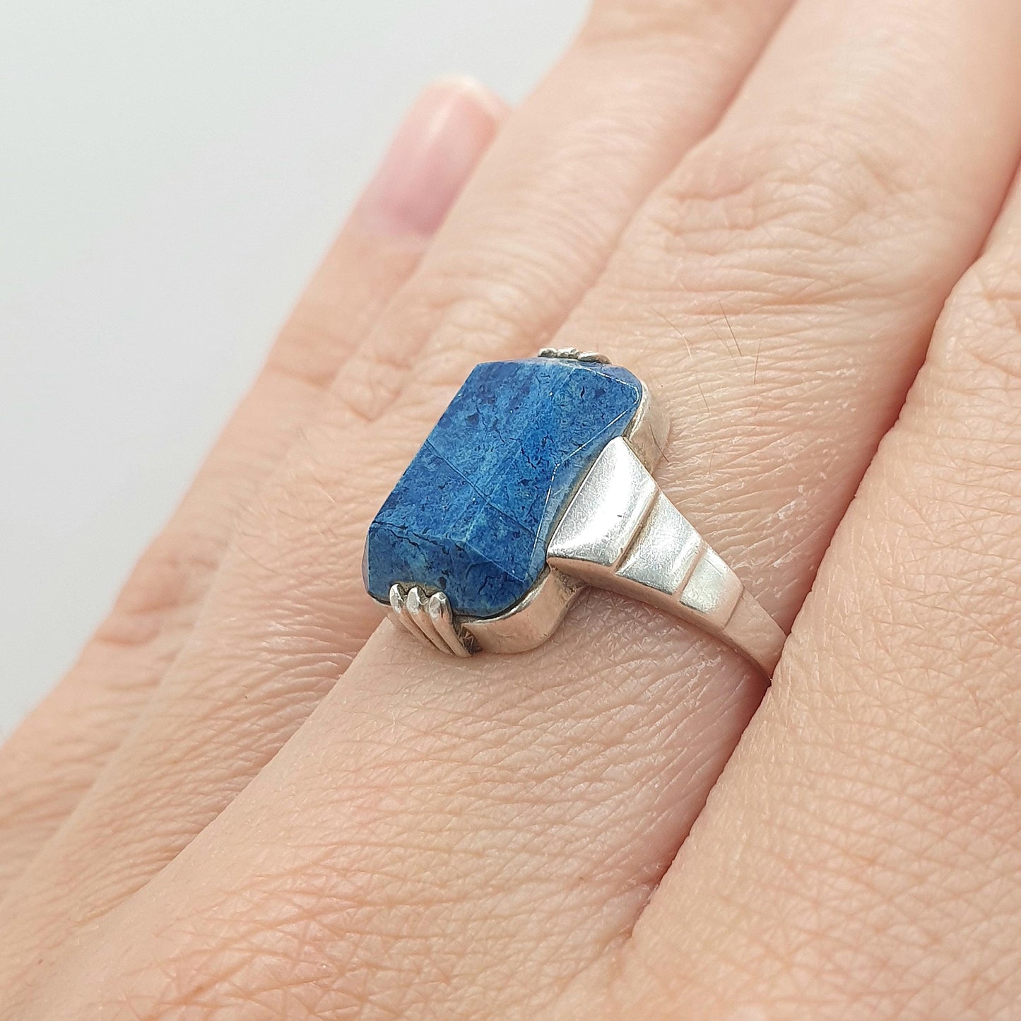 Antique Art Deco Solid Silver Sodalite Ring Rectangular Cut Blue Gemstone Vintage Womens Jewelry Jewellery UK N US 6.5