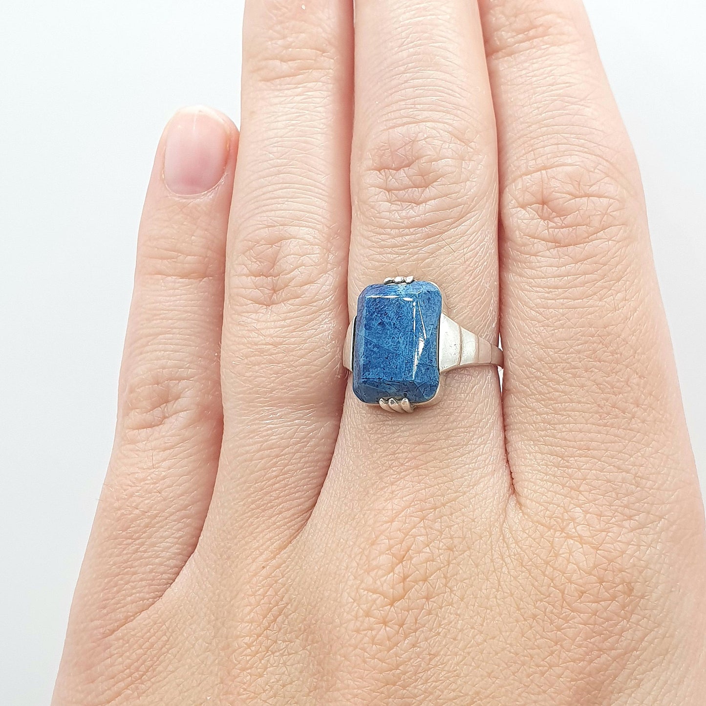 Antique Art Deco Solid Silver Sodalite Ring Rectangular Cut Blue Gemstone Vintage Womens Jewelry Jewellery UK N US 6.5