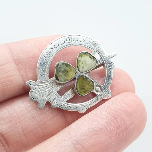 Antique Sterling Silver Connemara Marble Clover Brooch Celtic Gaelic Lucky Gift TLM Jewelry Jewellery Mens Womens Unisex Vintage
