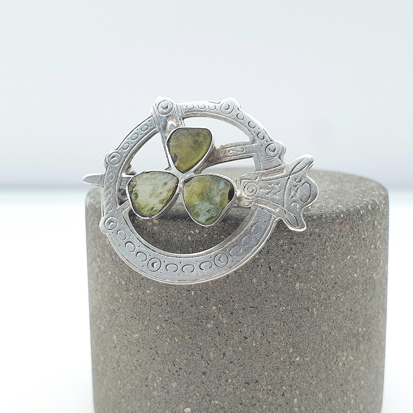 Antique Sterling Silver Connemara Marble Clover Brooch Celtic Gaelic Lucky Gift TLM Jewelry Jewellery Mens Womens Unisex Vintage