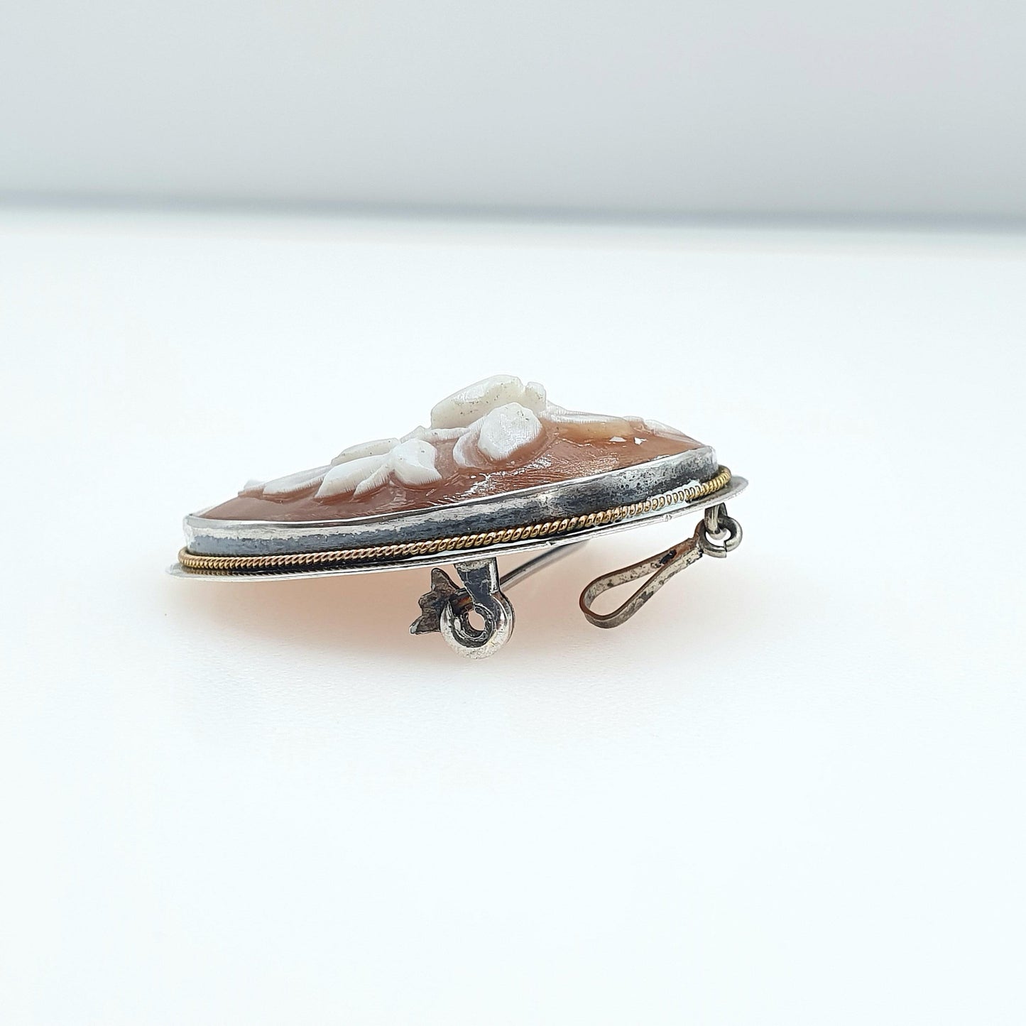 Old Vintage Sterling Silver Flower Cameo Pendant Brooch Shell Floral Necklace Jewelry Womens Jewellery Mens Unisex
