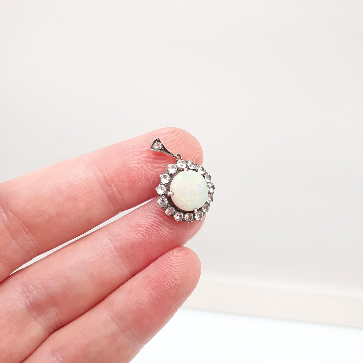 Antique 9ct Gold Opal Necklace Pendant White Sapphire Solid Silver Set Victorian Solid 9k Vintage Cluster Jewelry Jewellery