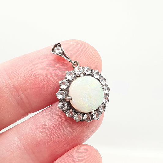 Antique 9ct Gold Opal Necklace Pendant White Sapphire Solid Silver Set Victorian Solid 9k Vintage Cluster Jewelry Jewellery