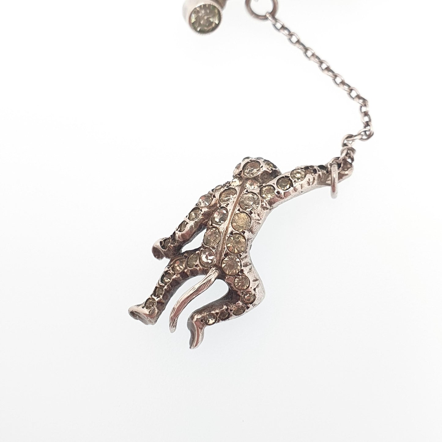 Antique Solid Silver Hanging Monkey Brooch Pin Diamond Paste Victorian Double Pair Monkeys Vintage Jewelry Jewellery