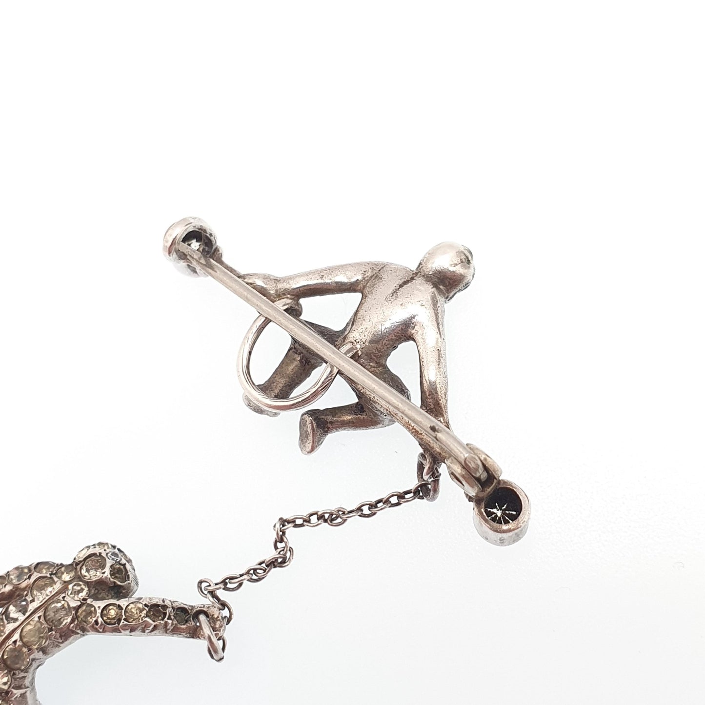 Antique Solid Silver Hanging Monkey Brooch Pin Diamond Paste Victorian Double Pair Monkeys Vintage Jewelry Jewellery