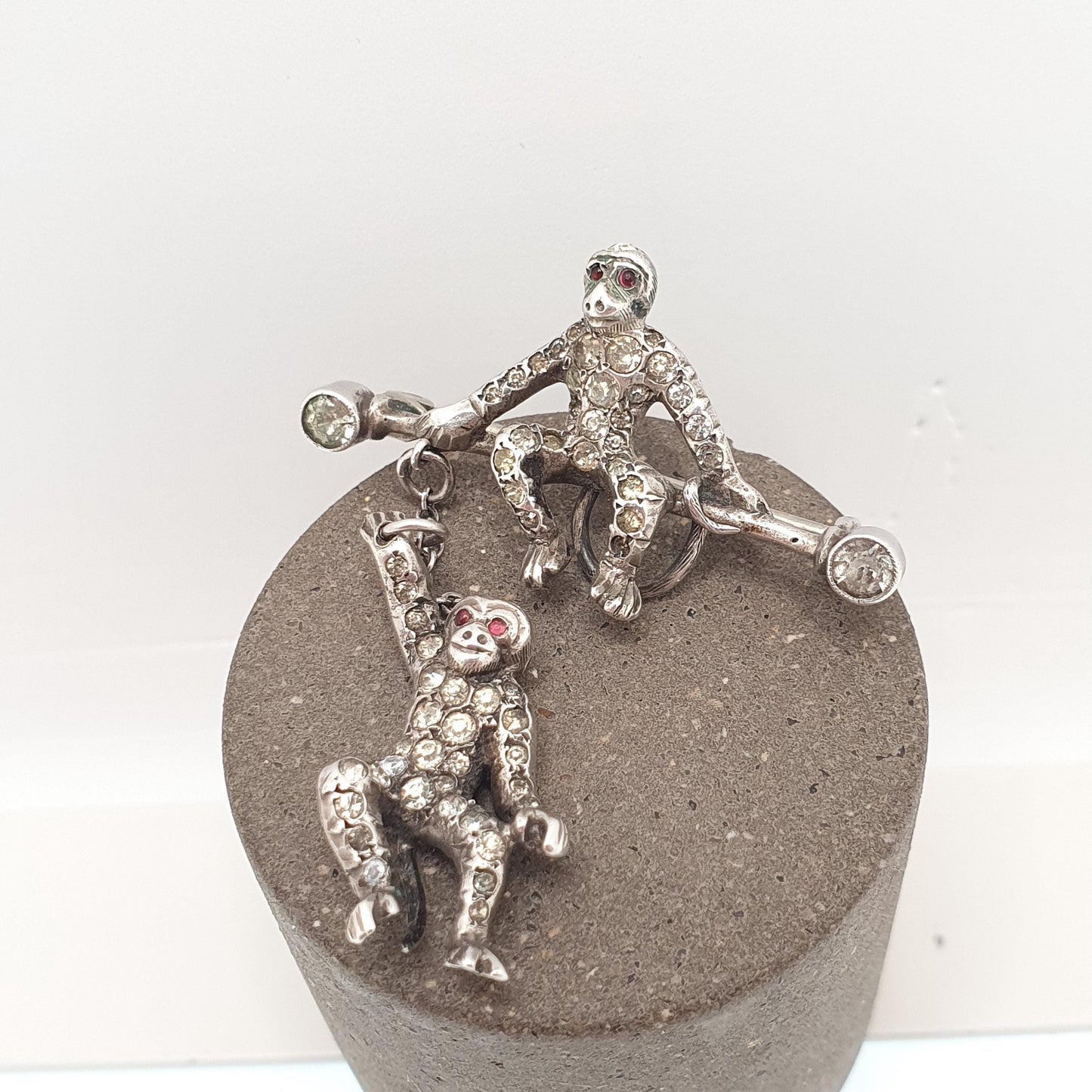 Antique Solid Silver Hanging Monkey Brooch Pin Diamond Paste Victorian Double Pair Monkeys Vintage Jewelry Jewellery