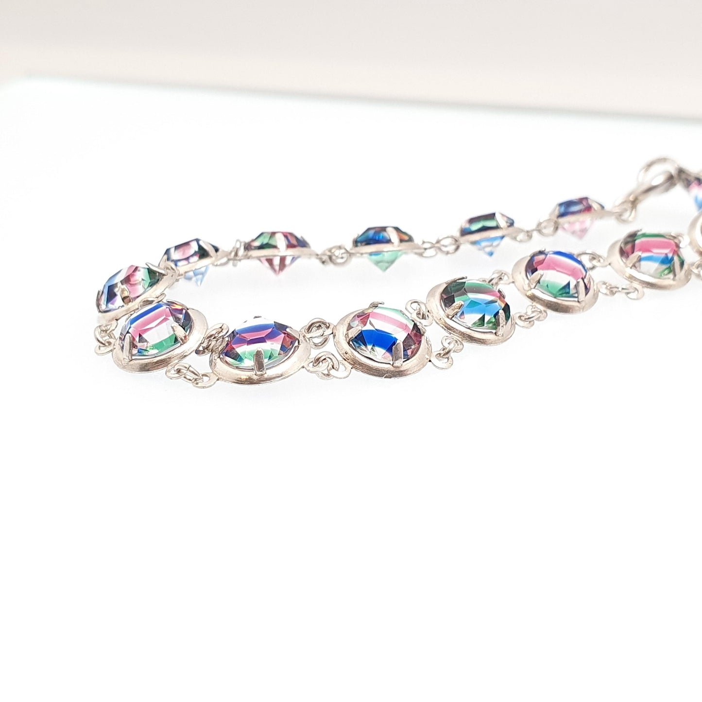Antique Solid Silver Iris Rainbow Glass Bracelet Tutti Frutti Art Deco 1920s Vintage Multi Coloured Paste Womens Jewelry Jewelry