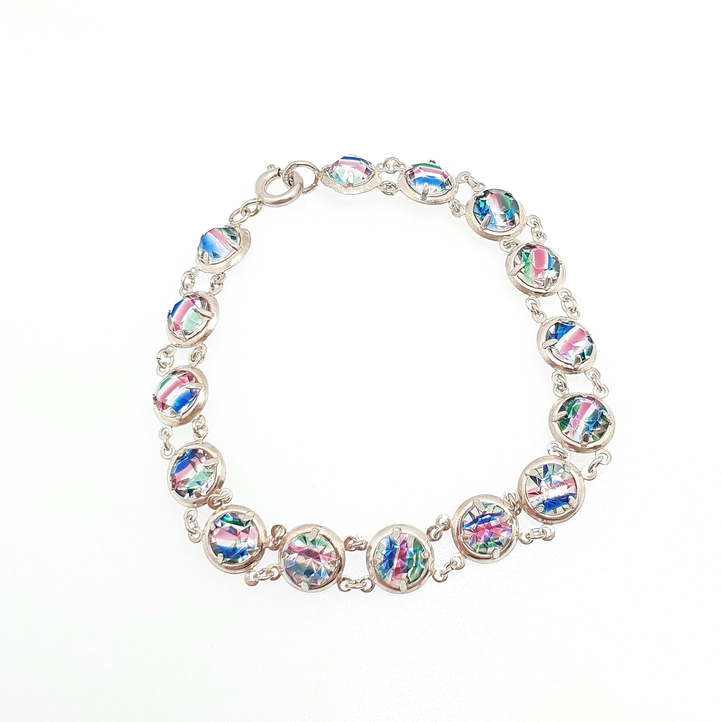 Antique Solid Silver Iris Rainbow Glass Bracelet Tutti Frutti Art Deco 1920s Vintage Multi Coloured Paste Womens Jewelry Jewelry