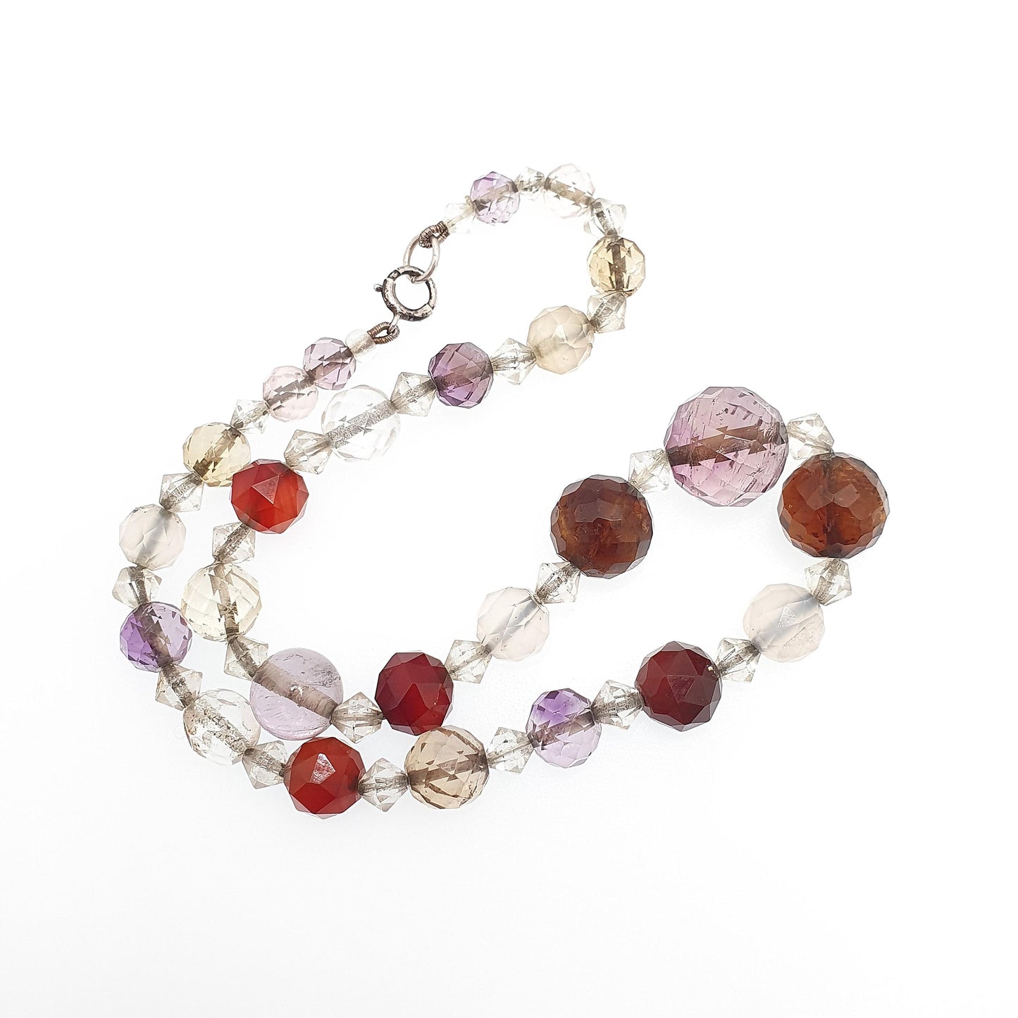 Antique Solid Silver Multi Gemstone Bead Necklace Choker Art Deco Faceted Citrine Amethyst Agate Quartz Vintage