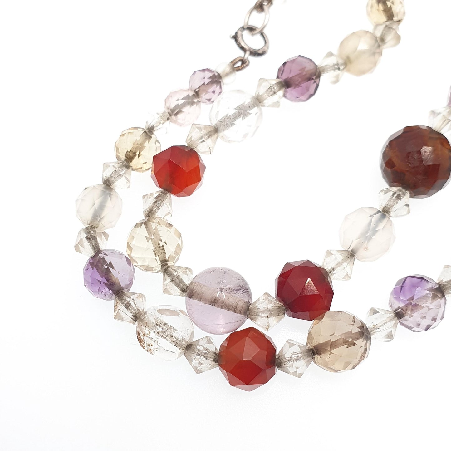 Antique Solid Silver Multi Gemstone Bead Necklace Choker Art Deco Faceted Citrine Amethyst Agate Quartz Vintage