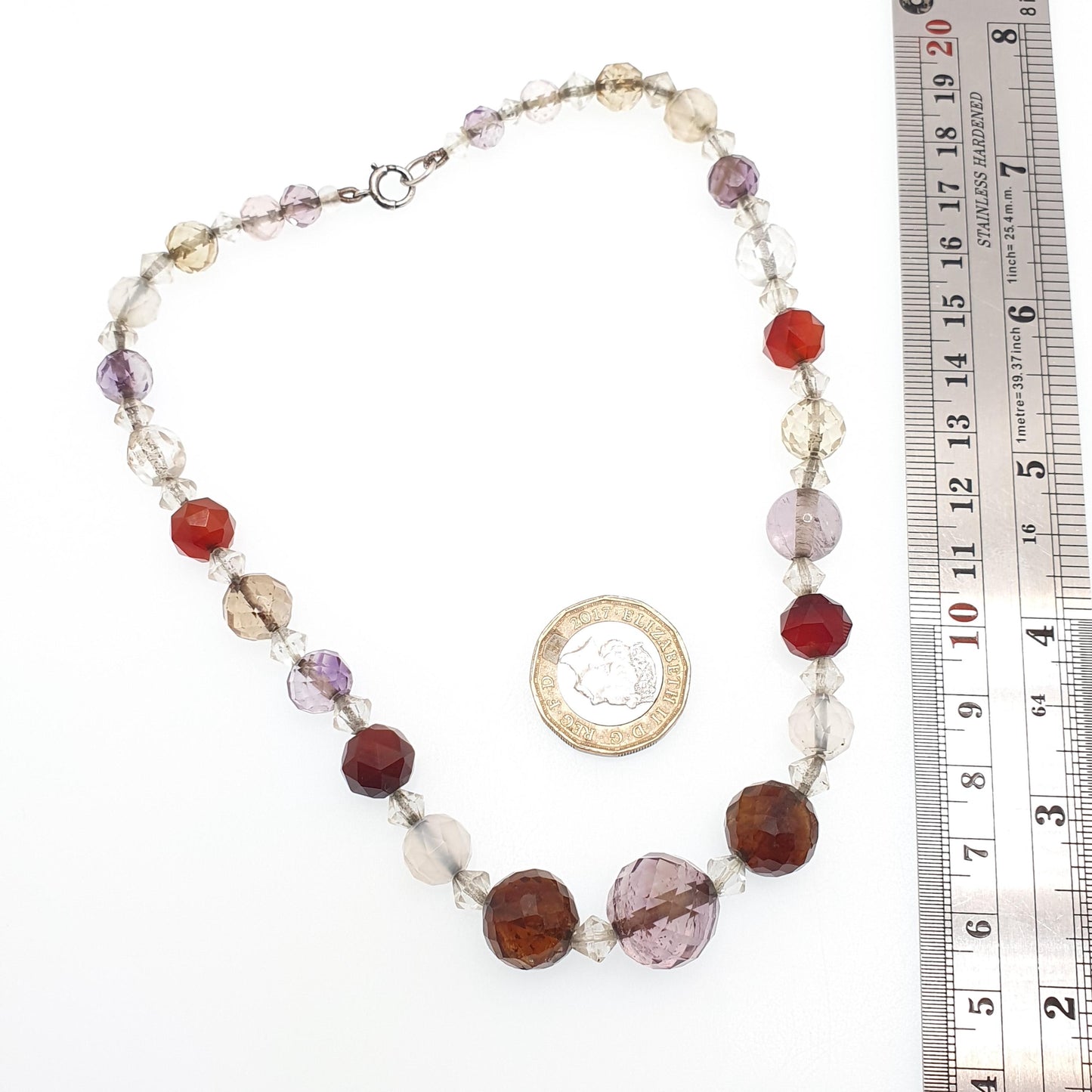 Antique Solid Silver Multi Gemstone Bead Necklace Choker Art Deco Faceted Citrine Amethyst Agate Quartz Vintage