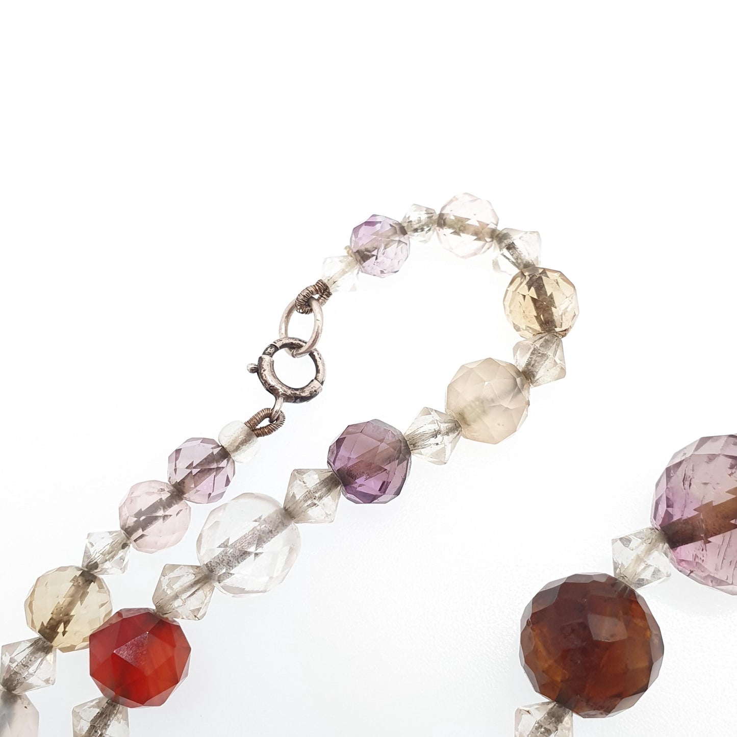 Antique Solid Silver Multi Gemstone Bead Necklace Choker Art Deco Faceted Citrine Amethyst Agate Quartz Vintage