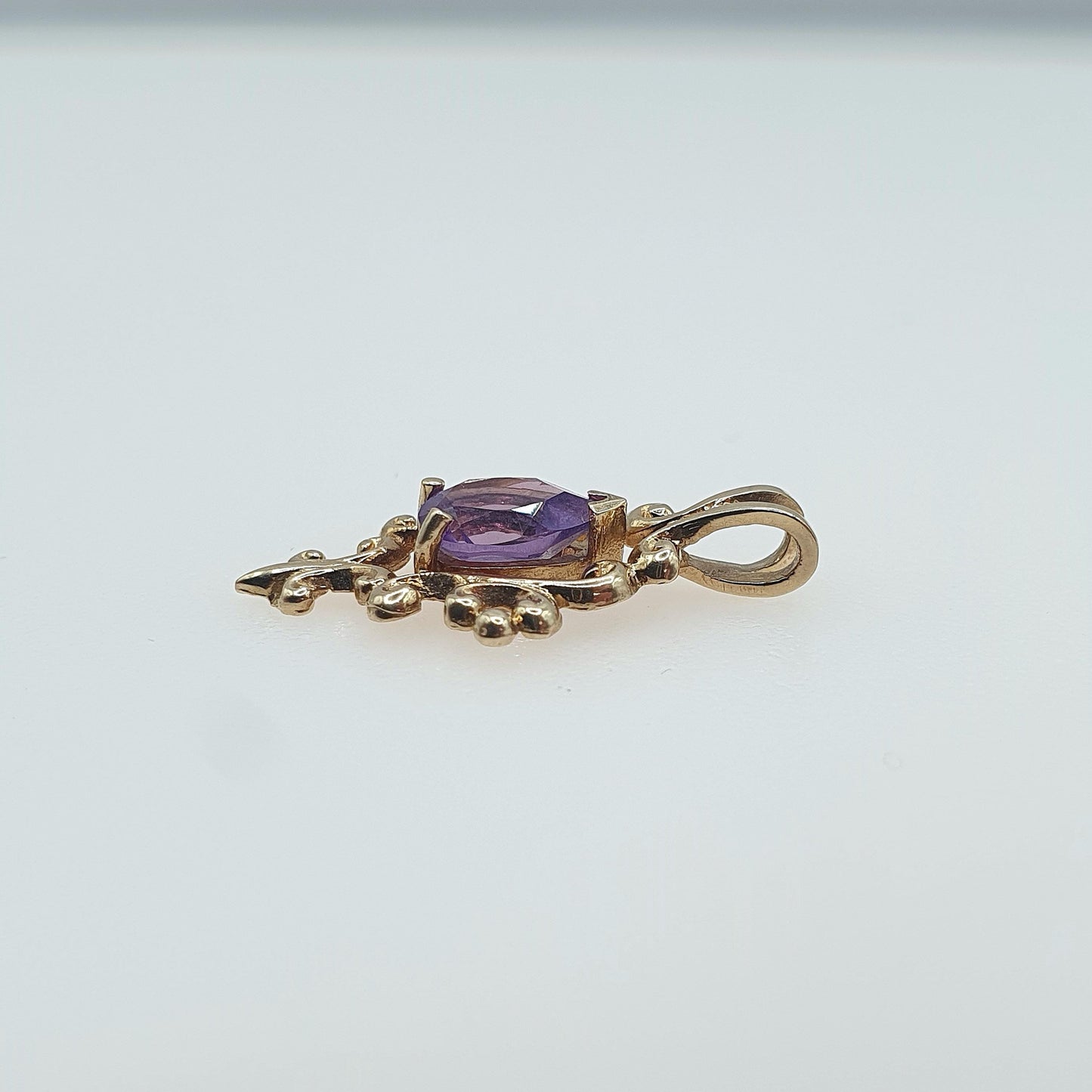Vintage 9ct Gold Amethyst Pendant Art Nouveau Scroll Style Pear Cut Necklace Womens Jewellery Jewelry Lilac