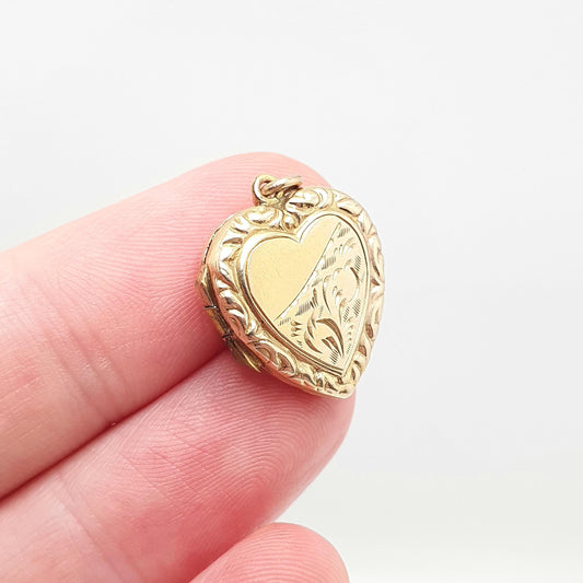 Antique 9ct Gold Heart Locket Cute Engraved Solid 9k 375 Pendant Small Fine Estate Love Gift Back & Front Necklace Jewelry Womens Jewellery