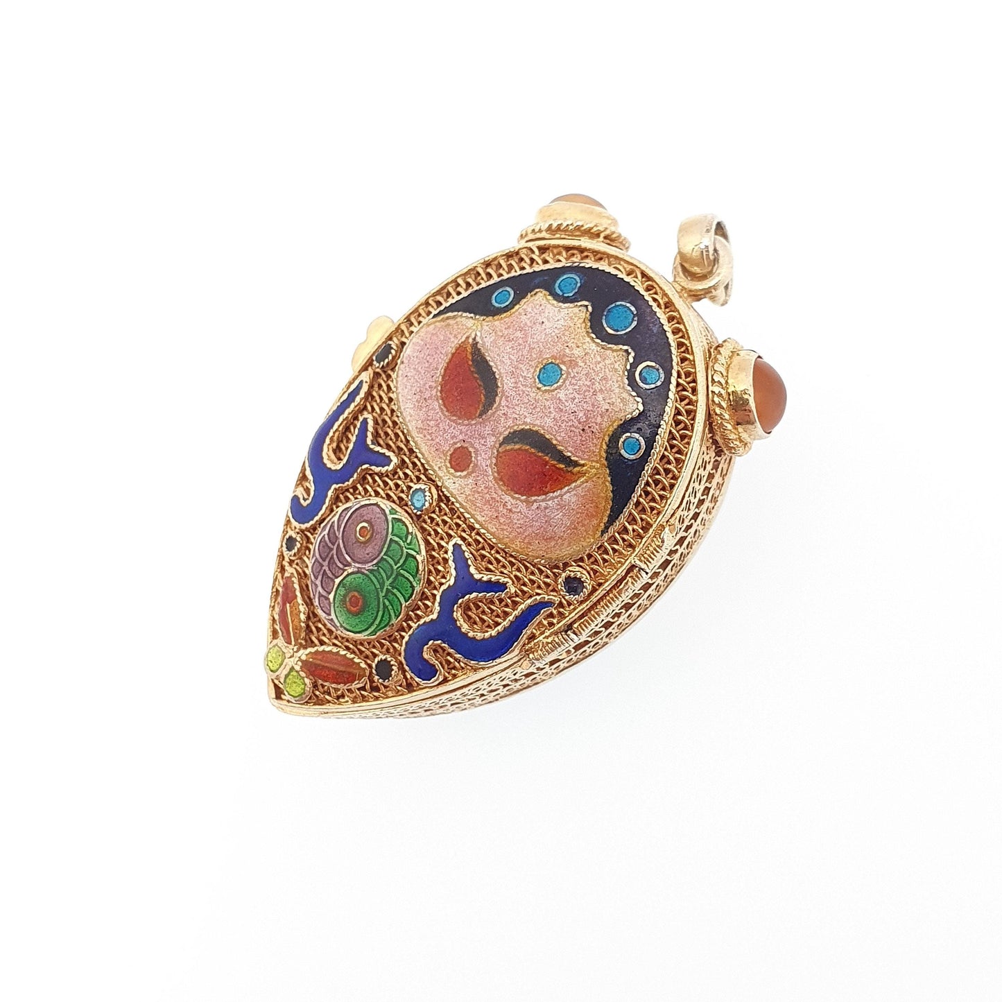 Vintage Chinese Locket Solid Silver Citrine Enamel Gold Vermeil Filigree Pendant Necklace China Asian Colourful Womens Jewelry Jewellery
