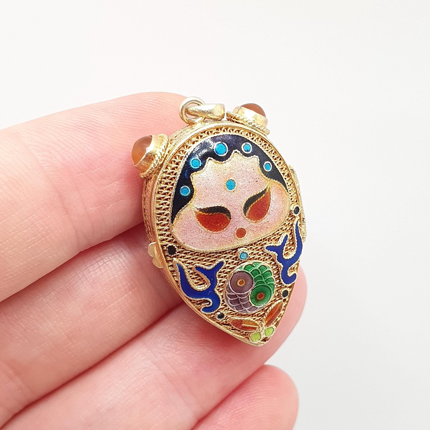 Vintage Chinese Locket Solid Silver Citrine Enamel Gold Vermeil Filigree Pendant Necklace China Asian Colourful Womens Jewelry Jewellery