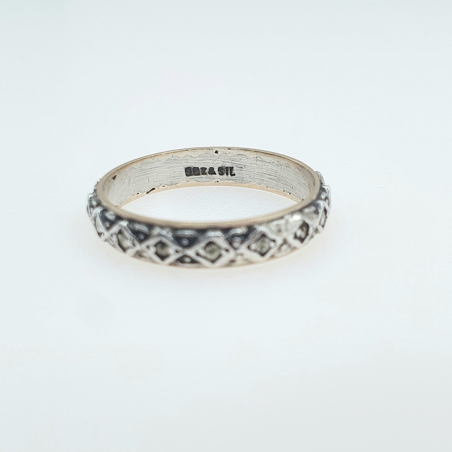 Antique 9ct Gold & Solid Silver Marcasite Eternity Ring Kite Pattern Gift Love Womens Mens Jewellery Jewelry UK O.5 or US 7.5
