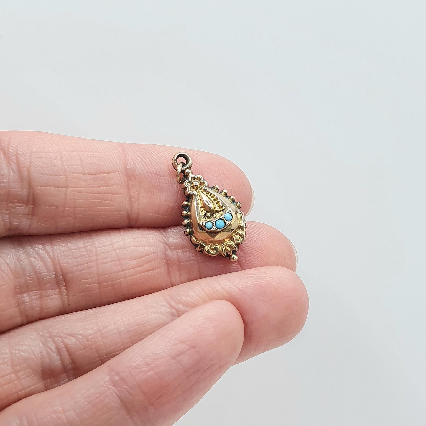 Antique Victorian 9ct Gold Cased Turquoise Glass Pendant Necklace Teardrop Etruscan Revival Vintage Jewelry Jewellery