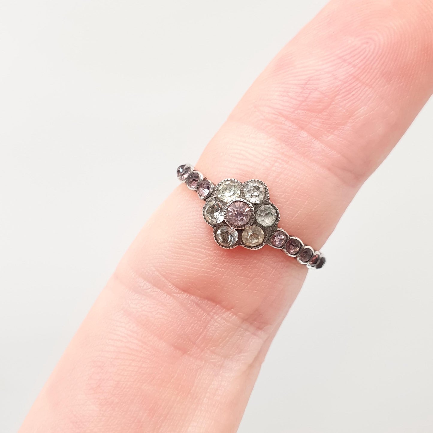 Antique Solid Silver Pink Paste Flower Ring Victorian Eternity White Pastes Sweetheart 1800s Vintage Ladies Womens Jewelry