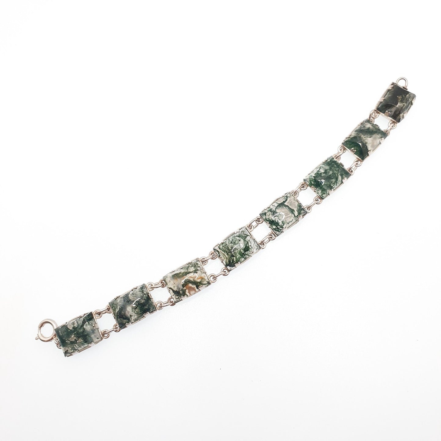 Antique Solid Silver Moss Agate Bracelet Scottish Art Deco Celtic 1920s Quartz Rectangular Links Vintage Jewelry Jewellery